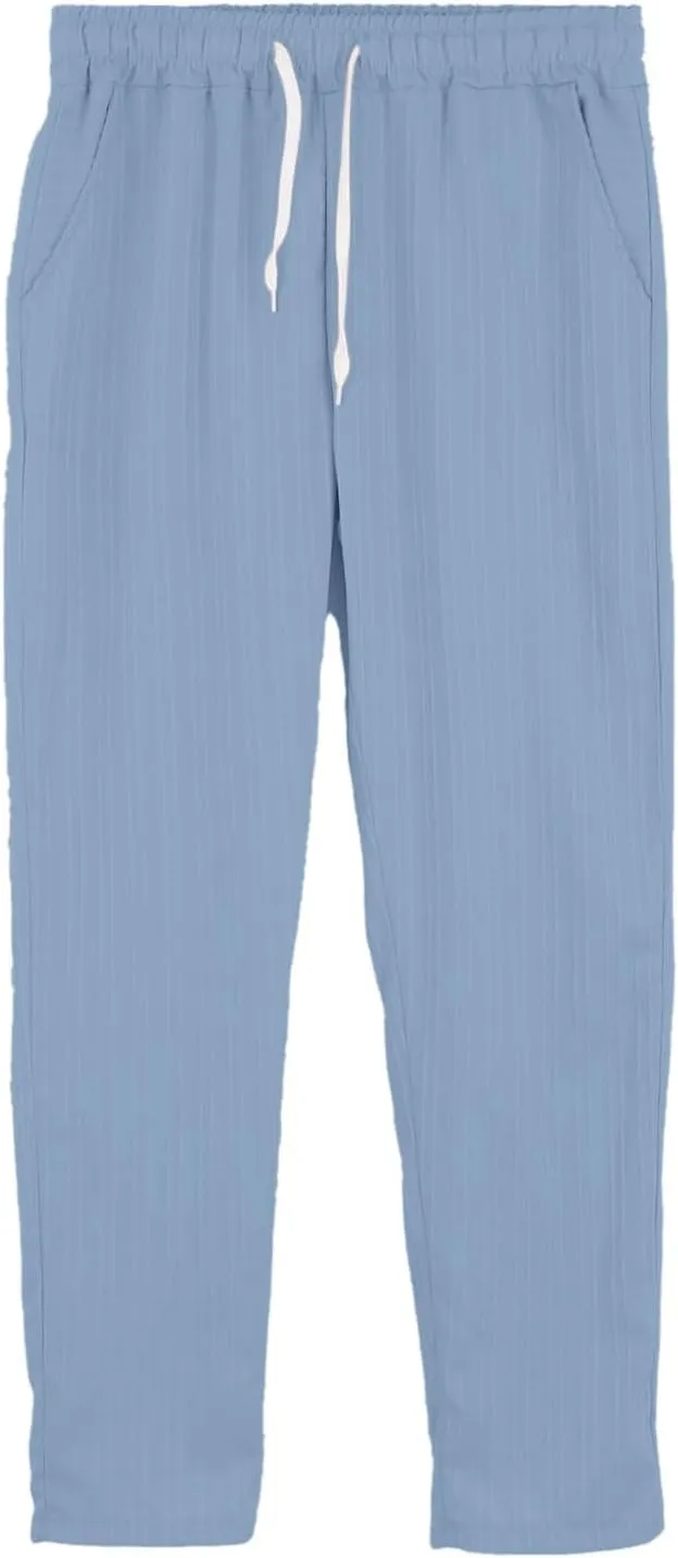 Linen Pants Men Casual Elastic Drawstring Waist Straight Legs Trouser Plus Size Baggy Summer Beach Yoga Lounge Slacks