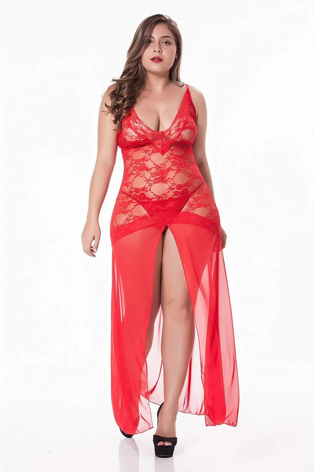 LINGERLOVE Women's Floral Lace Plus Size Babydoll Lingerie Set Sexy Split Maxi Long Nightgown Dress