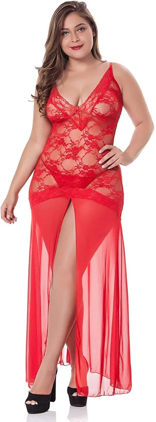 LINGERLOVE Women's Floral Lace Plus Size Babydoll Lingerie Set Sexy Split Maxi Long Nightgown Dress