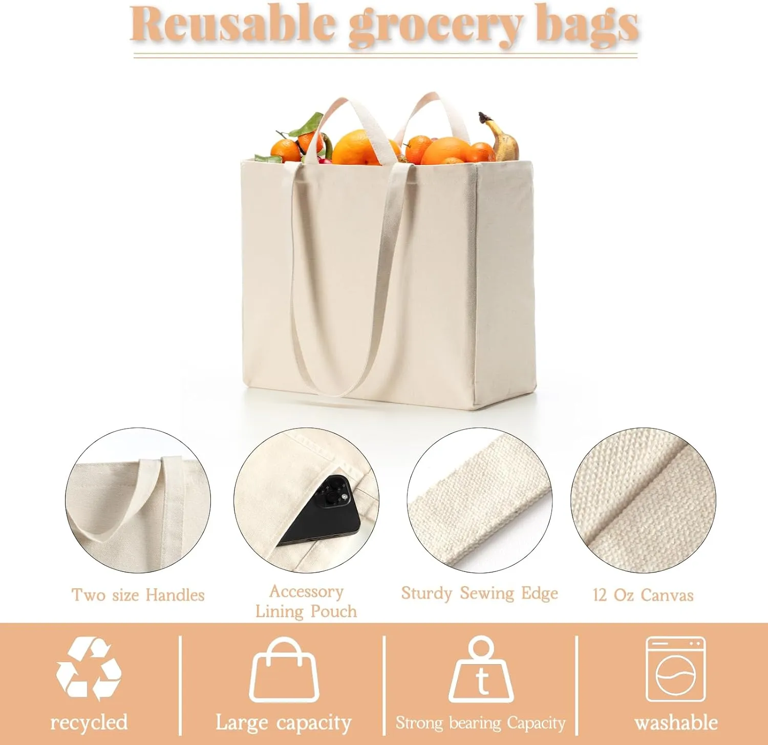 LINICE Reusable Grocery Bags Shopping Bags for Groceries Foldable Heavy Duty Canvas Tote Bag Washable Canvas Bag with Handles (3 Pack)