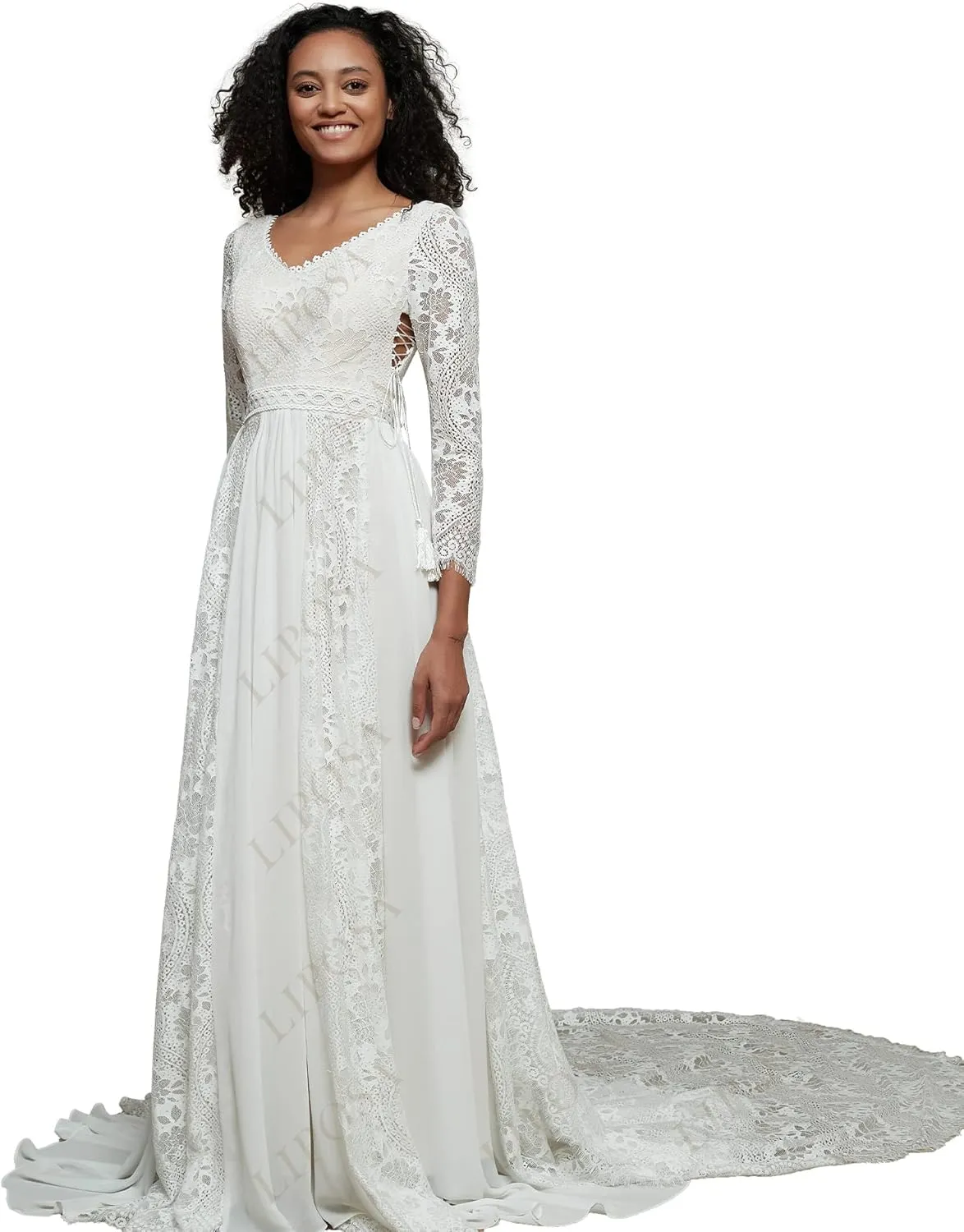LIPOSA Boho Lace Wedding Dresses for Bride Spaghetti Strap Sweetheart A Line Sleeveless Courthouse Bridal Gowns