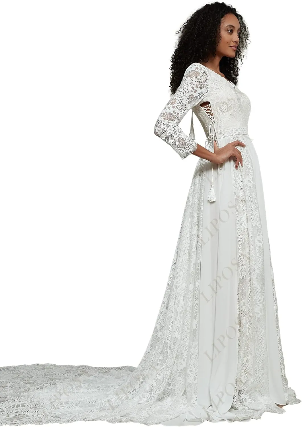 LIPOSA Boho Lace Wedding Dresses for Bride Spaghetti Strap Sweetheart A Line Sleeveless Courthouse Bridal Gowns