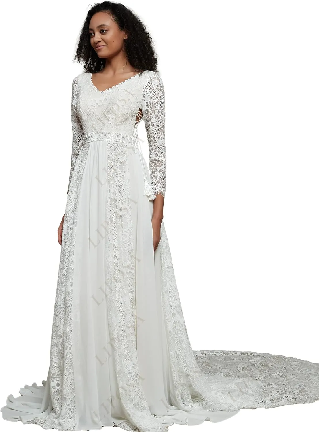 LIPOSA Boho Lace Wedding Dresses for Bride Spaghetti Strap Sweetheart A Line Sleeveless Courthouse Bridal Gowns