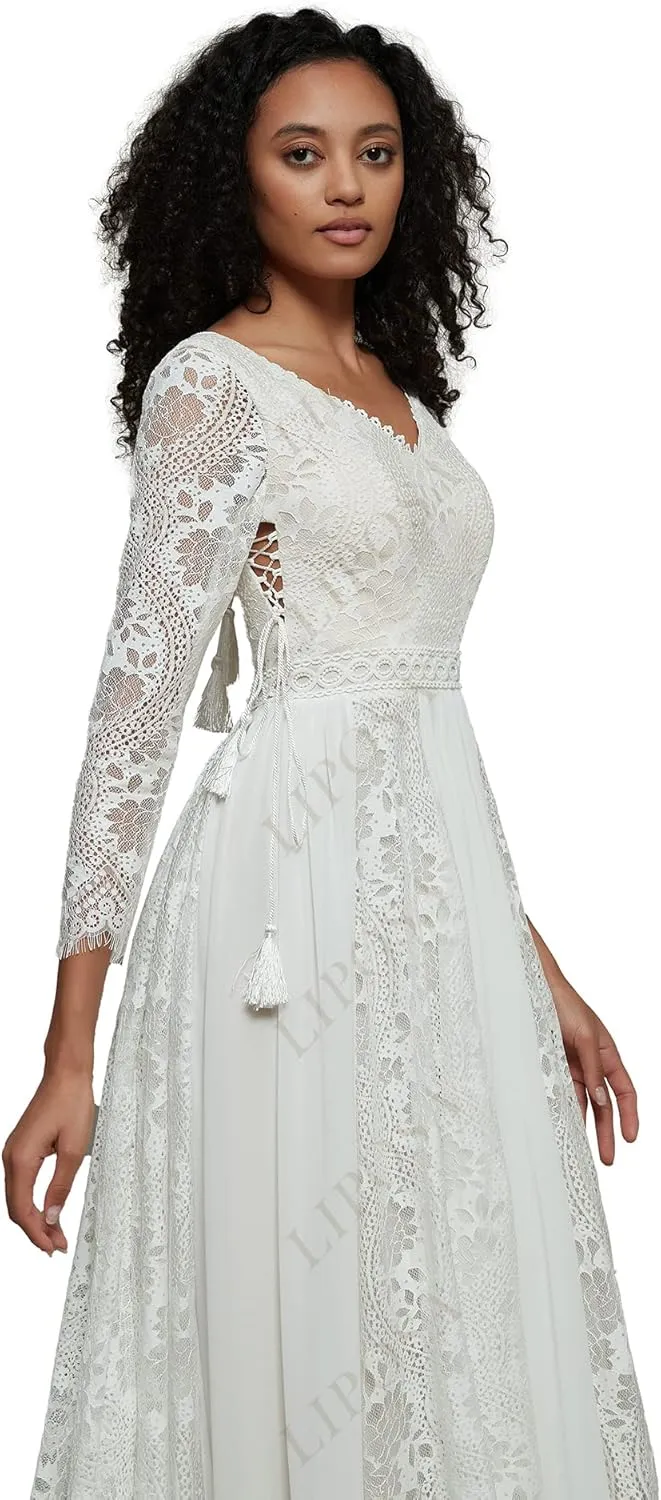 LIPOSA Boho Lace Wedding Dresses for Bride Spaghetti Strap Sweetheart A Line Sleeveless Courthouse Bridal Gowns