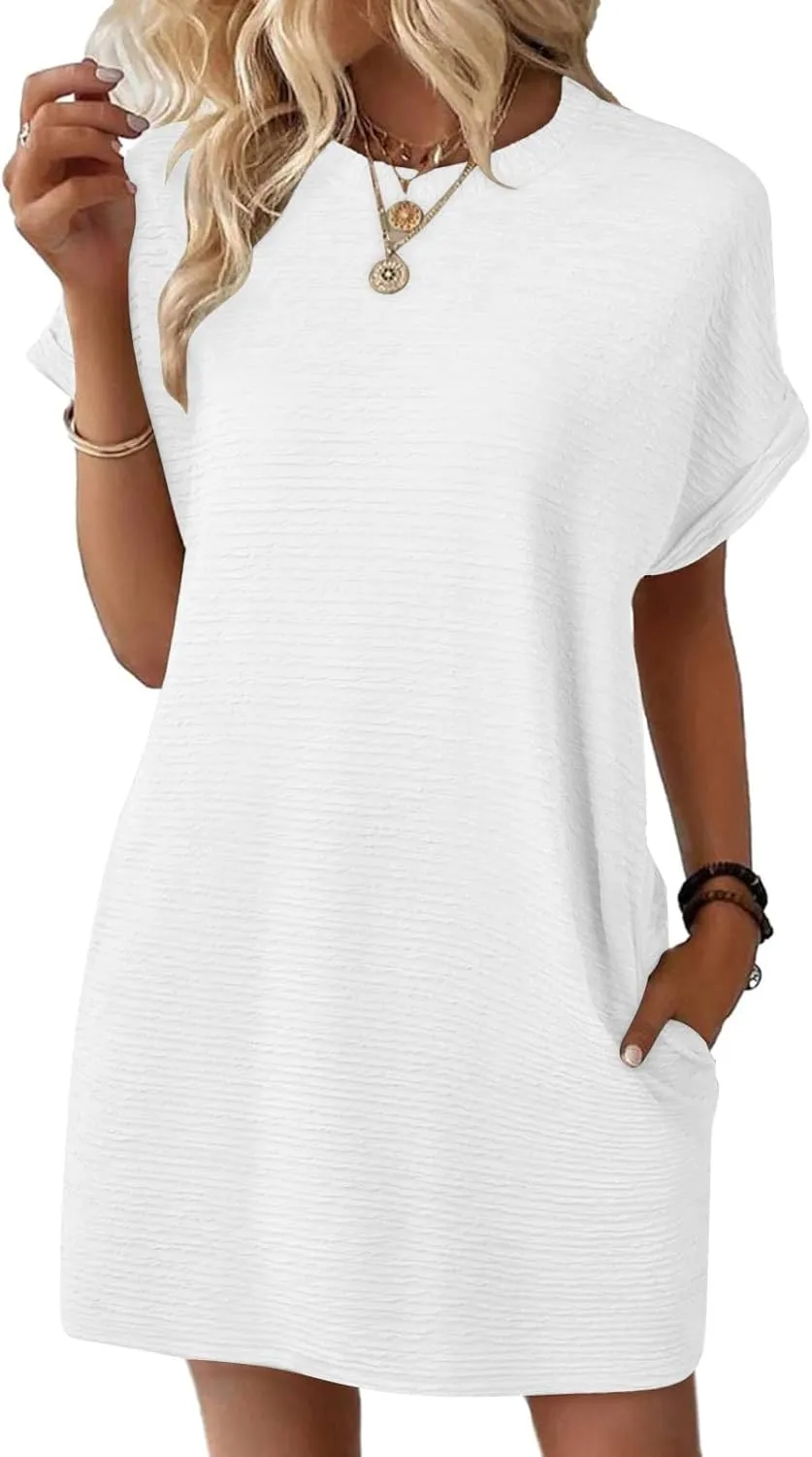 Loose Dress for Women Short Sleeve Crew Neck Smooth Elegant Chiffon Mini Crop Dresses Summer Beach Dress 2025