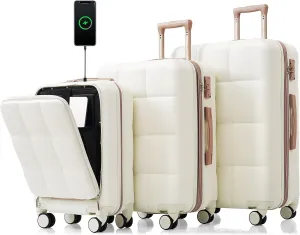 Luggage Sets 3 Piece, 20-inch with USB Port and front opening design, ABS Hard Shell Luggage with Spinner Wheels, Cup Holder, white