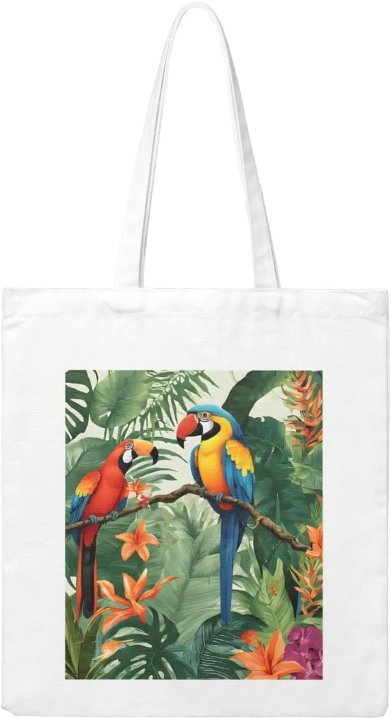 (Macaw And Toucan Perching Of Rainforests) Reusable Canvas Tote Bag For Women Shoulder Bag For Shopping Grocery Beach Travel Work
