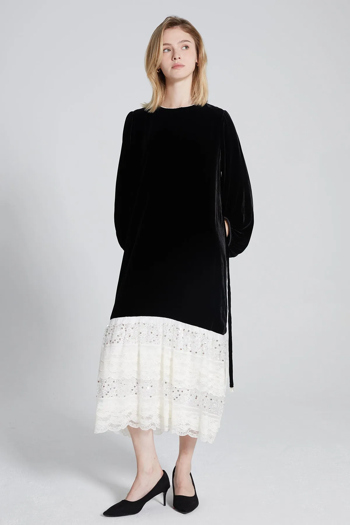 Maisie Lace Sequin Splice Velvet Dress