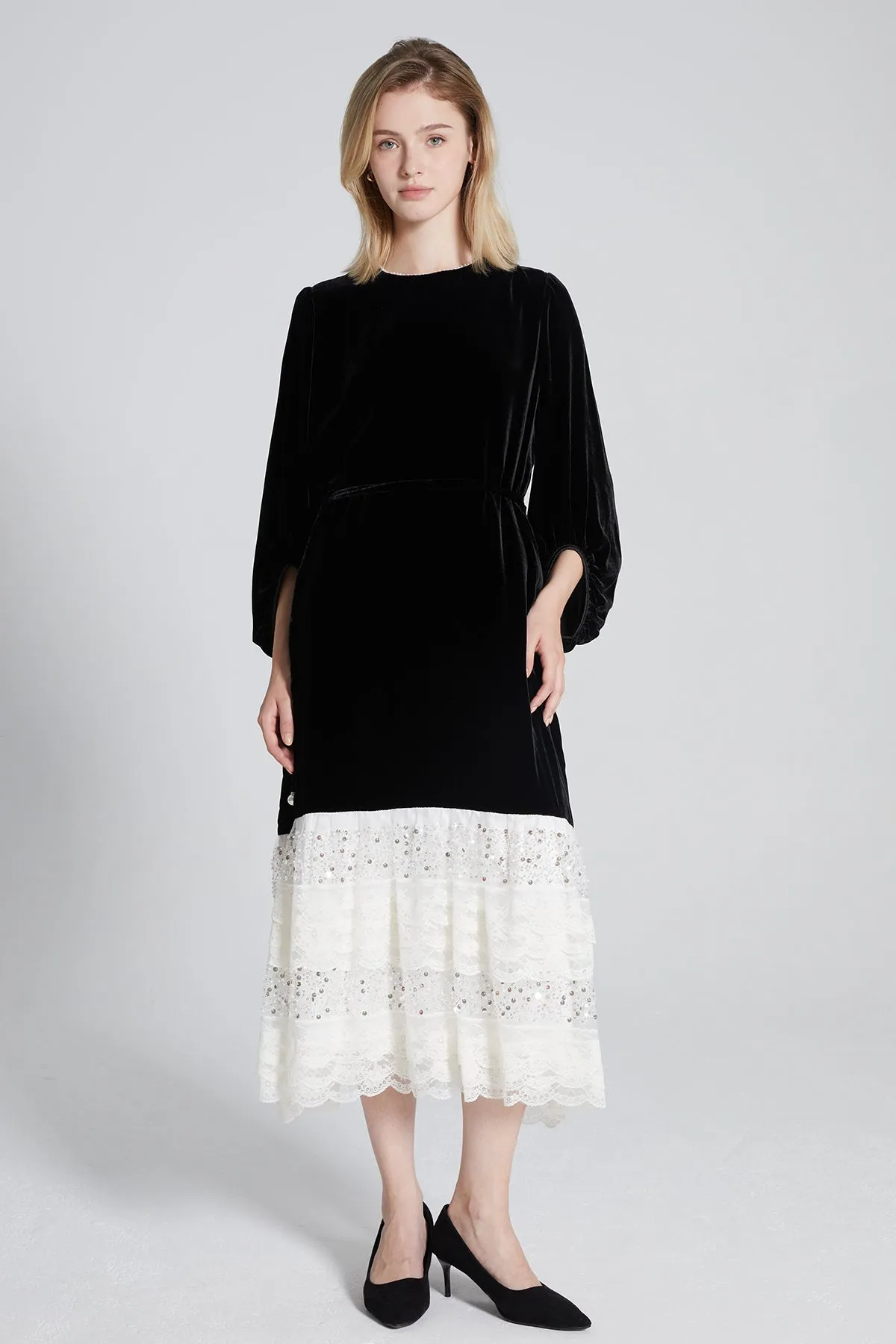 Maisie Lace Sequin Splice Velvet Dress