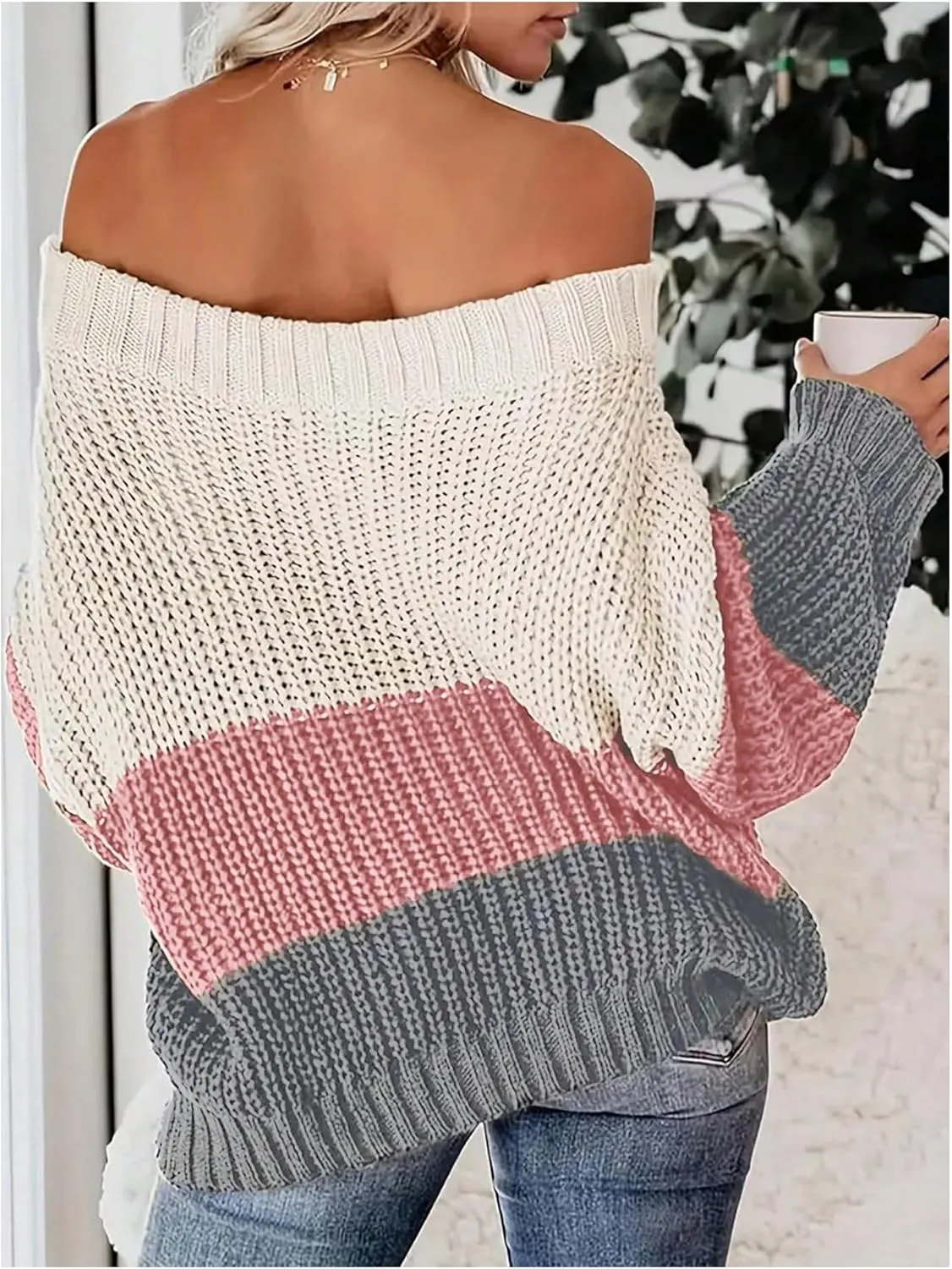 MakeMeChic Women's Off Shoulder Sweater Knitwear Color Block Long Sleeve Loose Knit Tops