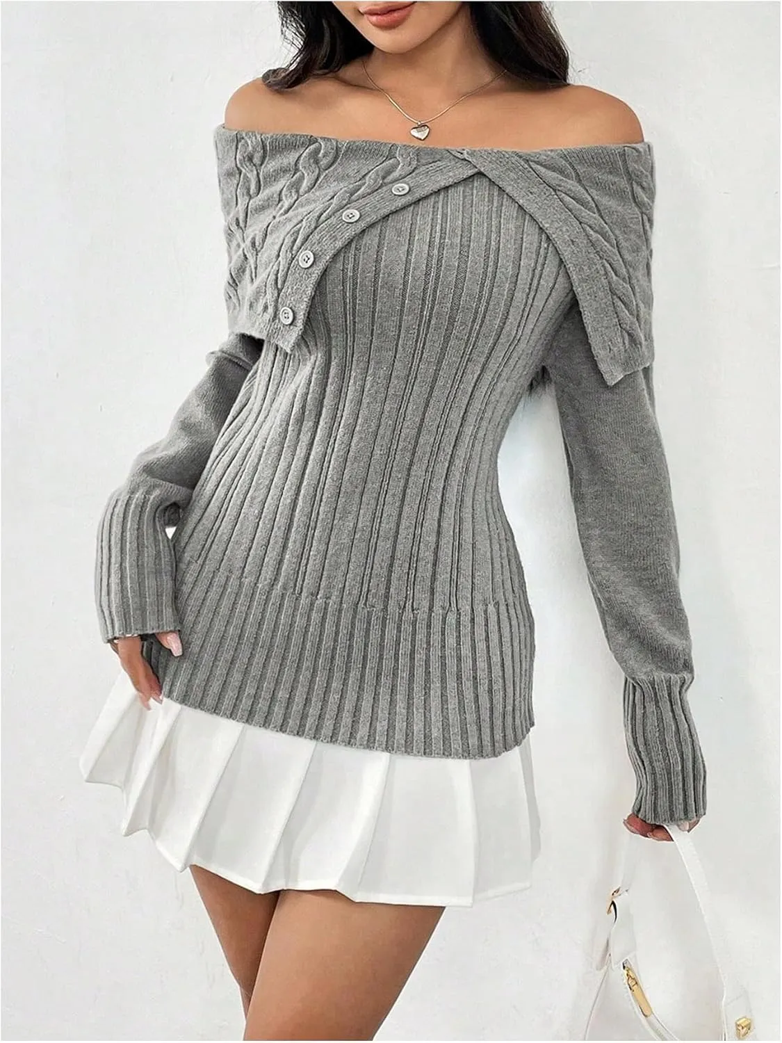 MakeMeChic Women's Rib Knit Off Shoulder Sweater Asymmetrical Long Sleeve Pullovers Knitwear Tops