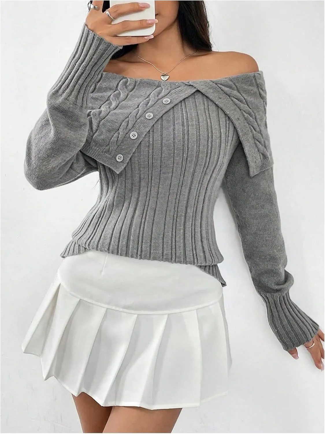 MakeMeChic Women's Rib Knit Off Shoulder Sweater Asymmetrical Long Sleeve Pullovers Knitwear Tops