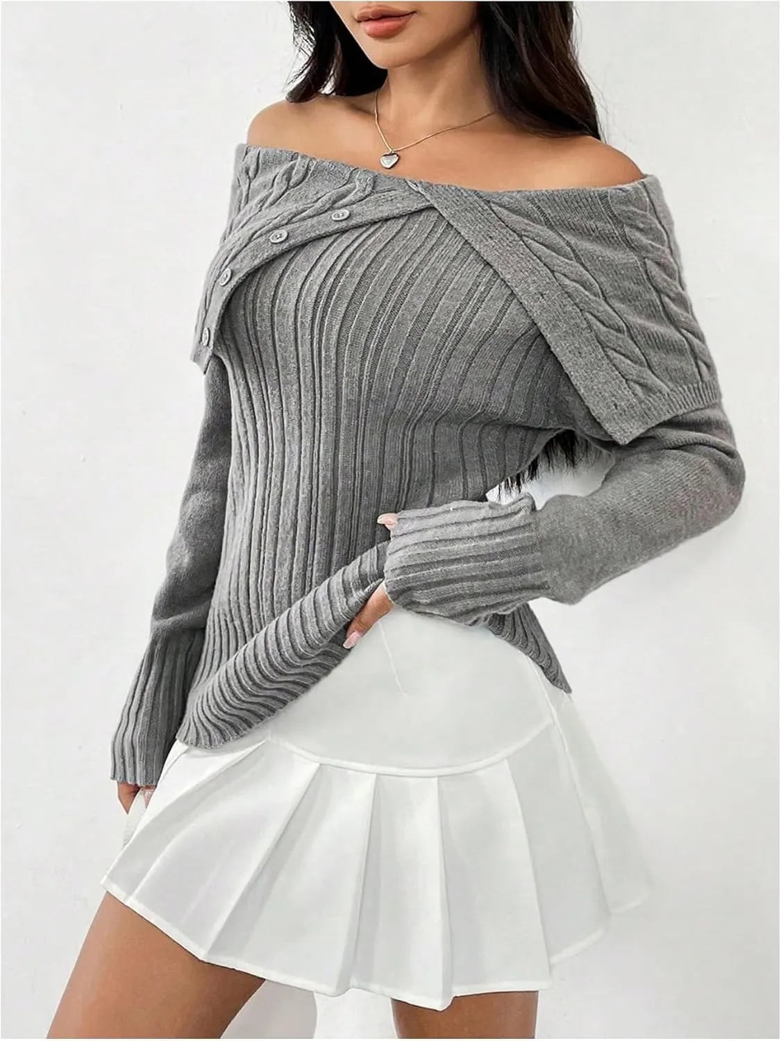 MakeMeChic Women's Rib Knit Off Shoulder Sweater Asymmetrical Long Sleeve Pullovers Knitwear Tops