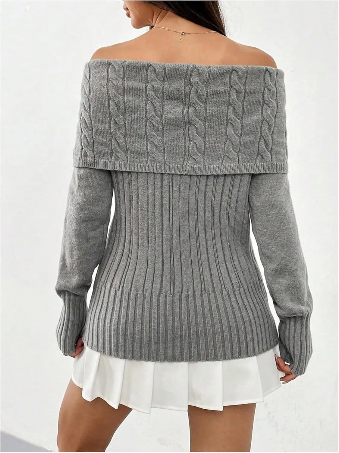 MakeMeChic Women's Rib Knit Off Shoulder Sweater Asymmetrical Long Sleeve Pullovers Knitwear Tops