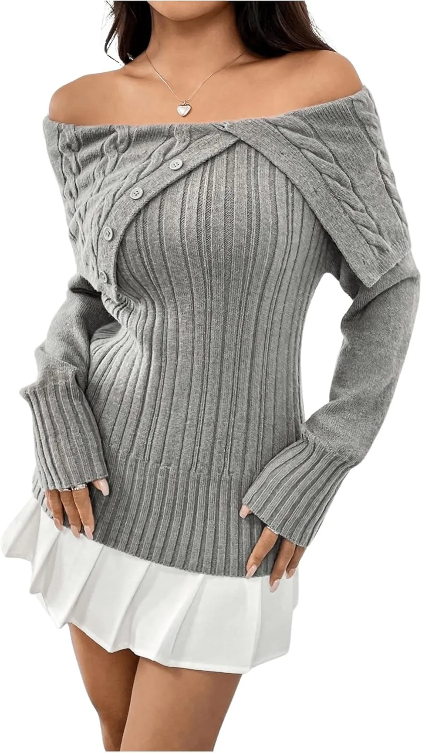 MakeMeChic Women's Rib Knit Off Shoulder Sweater Asymmetrical Long Sleeve Pullovers Knitwear Tops