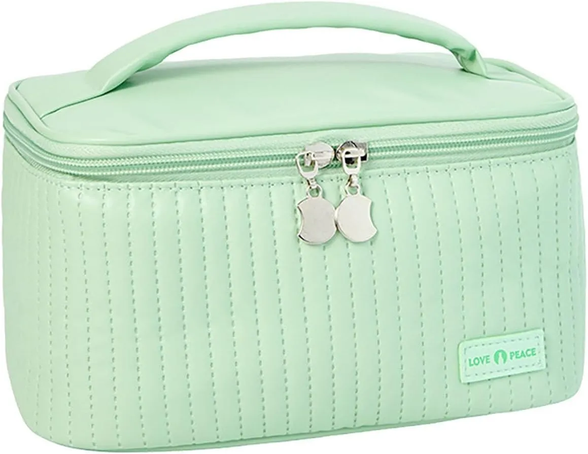Makeup Bag 2024 Pu Leather Large Capacity Waterproof Portable Open Flat Travel Cosmetic Bag with Zipper and Handle Travel Toiletry Containers Cute Makeup Bag Teen Girl Gifts Trendy Stuff