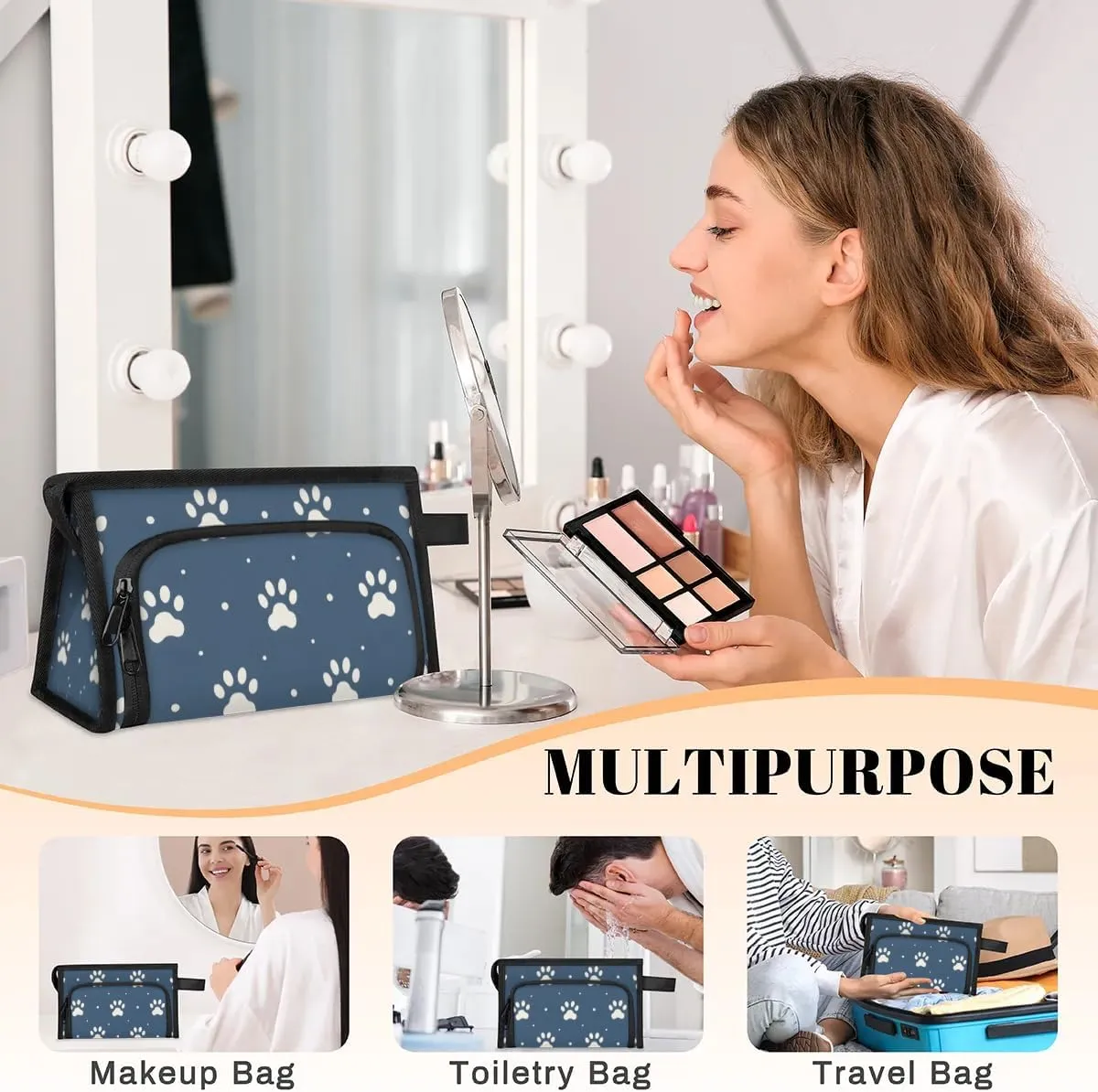 Makeup Bag Cute Paw Prints Travel Toiletry Bag Makeup Organizer Portable Make Up Bags for Women Cosmetic Bag with Handle