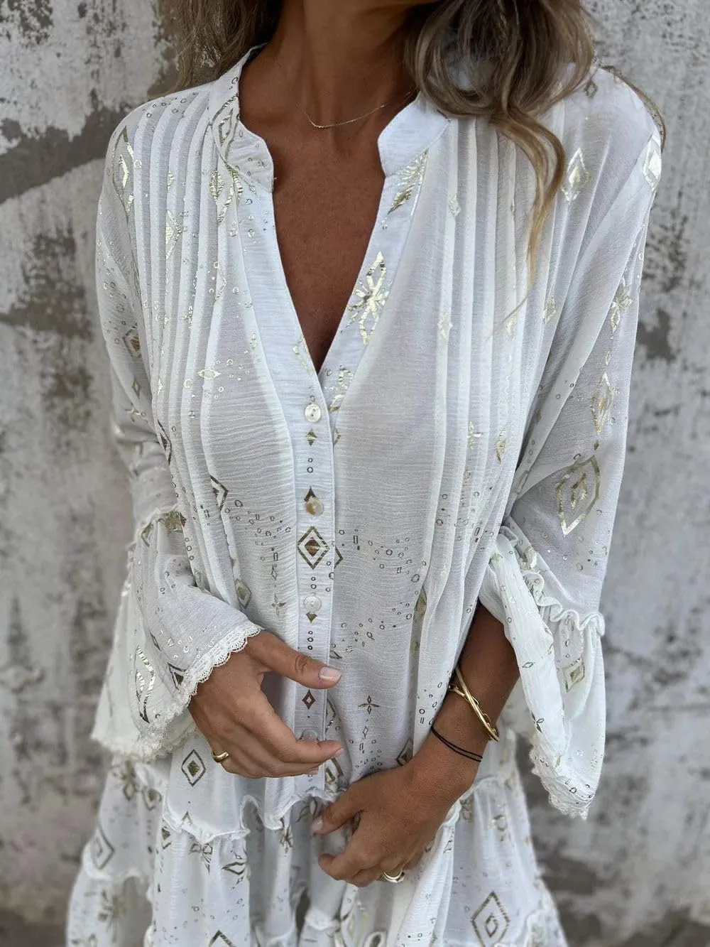 Melliflo Womens V Neck Bell Sleeve Sequin Lace Ruffle Trim Dress Button Up Tiered Printed Summer Mini Dress