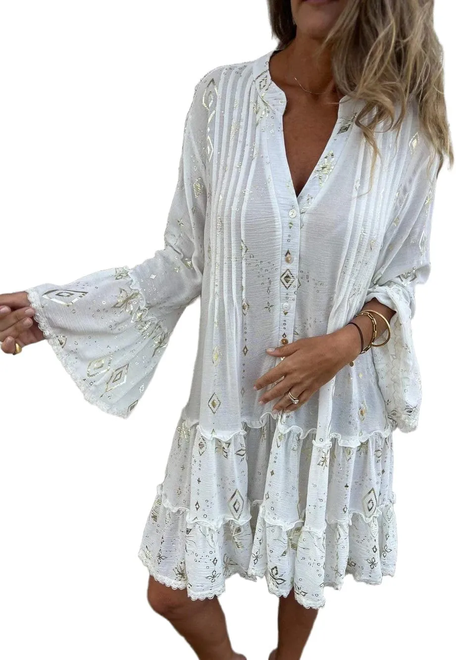 Melliflo Womens V Neck Bell Sleeve Sequin Lace Ruffle Trim Dress Button Up Tiered Printed Summer Mini Dress