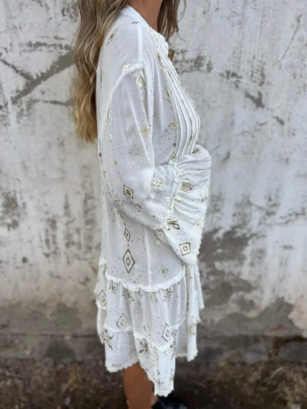 Melliflo Womens V Neck Bell Sleeve Sequin Lace Ruffle Trim Dress Button Up Tiered Printed Summer Mini Dress