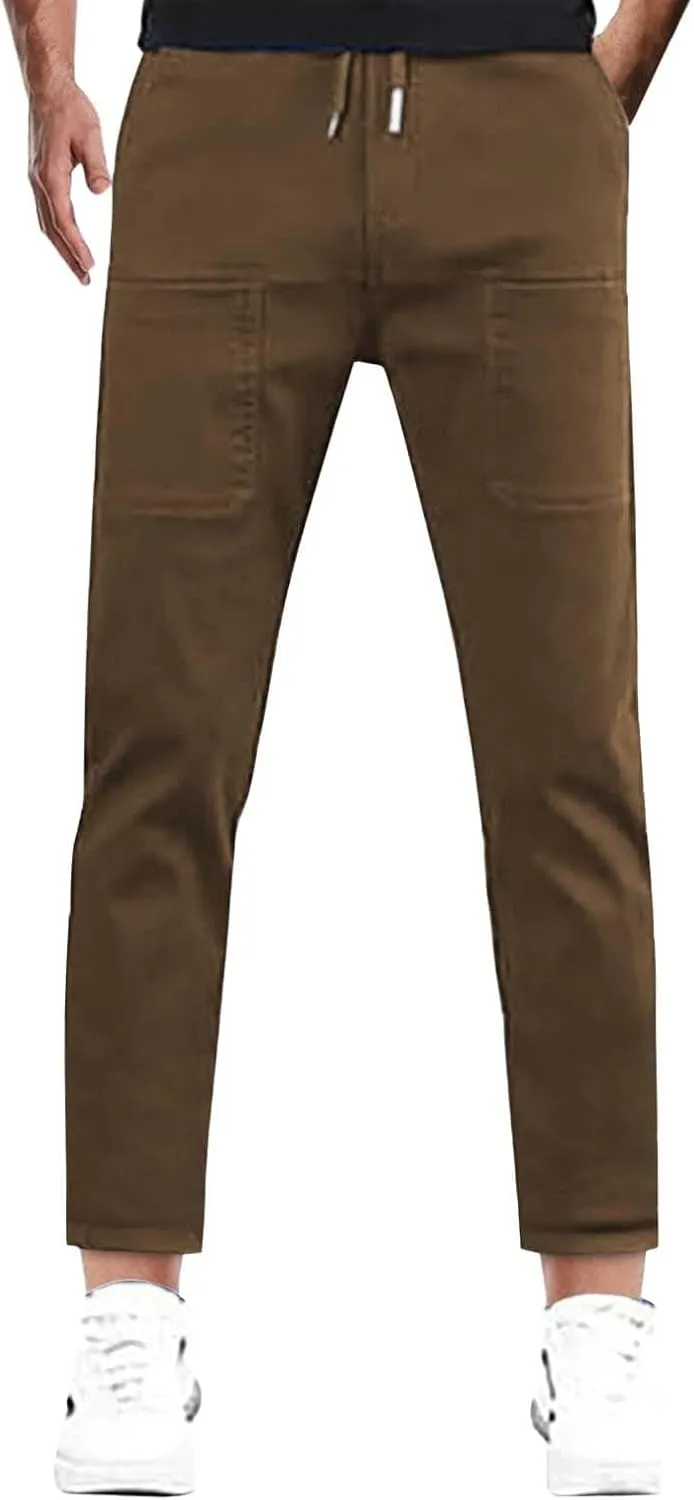 Men Cargo Cropped Pants Cotton Casual Hiking Pant Lightweight Elastic Waist Drawstring Lounge Capri Trouser 6 Pocket