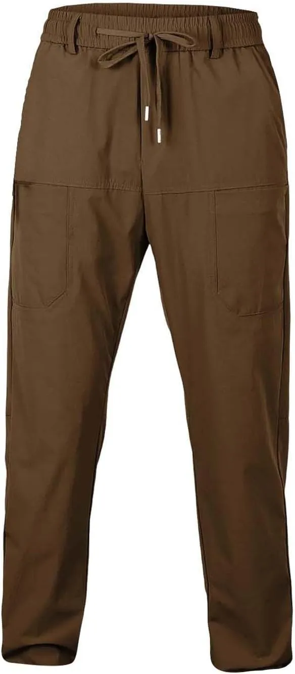 Men Cargo Cropped Pants Cotton Casual Hiking Pant Lightweight Elastic Waist Drawstring Lounge Capri Trouser 6 Pocket