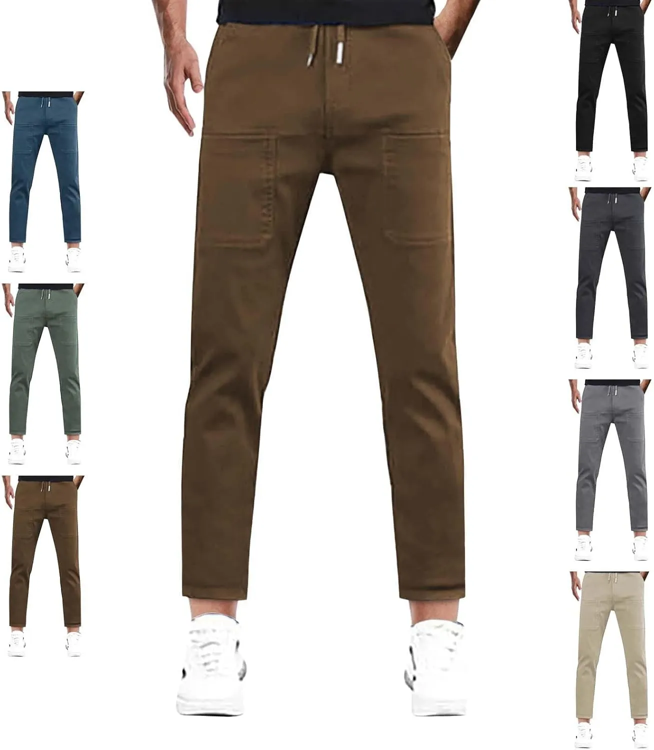 Men Cargo Cropped Pants Cotton Casual Hiking Pant Lightweight Elastic Waist Drawstring Lounge Capri Trouser 6 Pocket