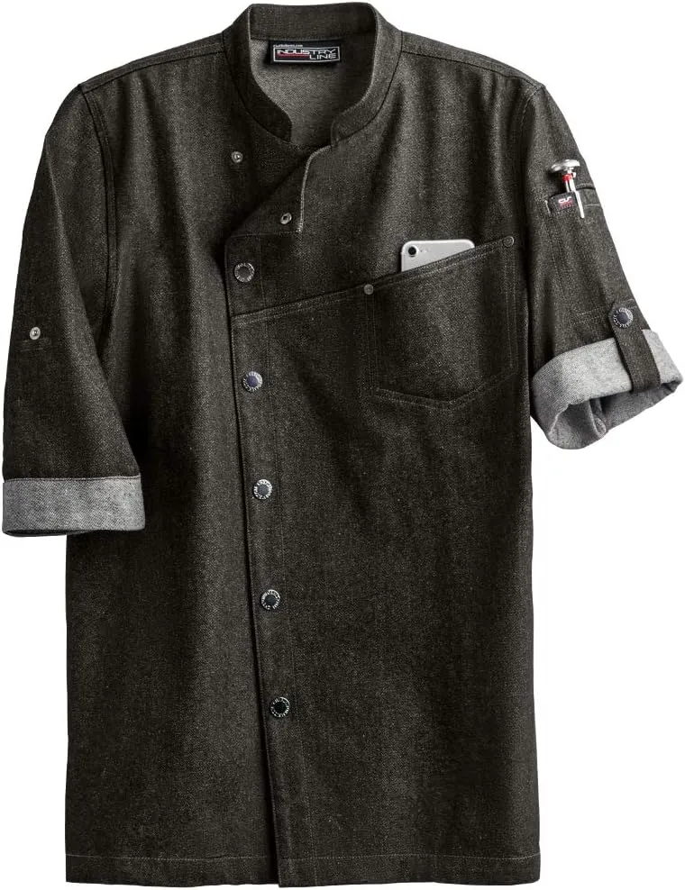 Men's Asymmetrical Premium Denim Chef Coat with Mesh Side Panels (S-3X)