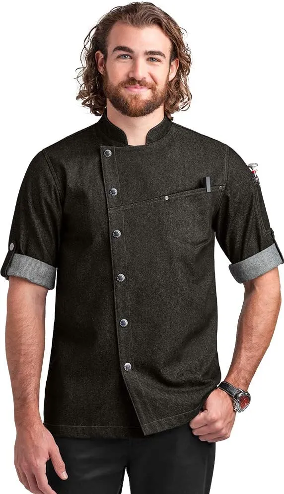 Men's Asymmetrical Premium Denim Chef Coat with Mesh Side Panels (S-3X)