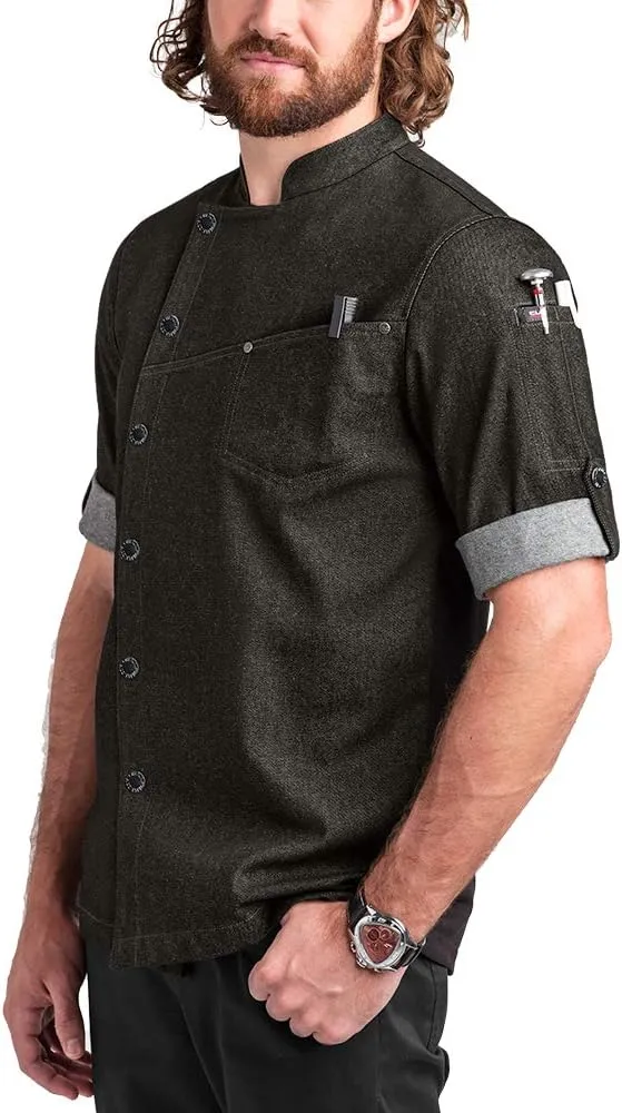 Men's Asymmetrical Premium Denim Chef Coat with Mesh Side Panels (S-3X)