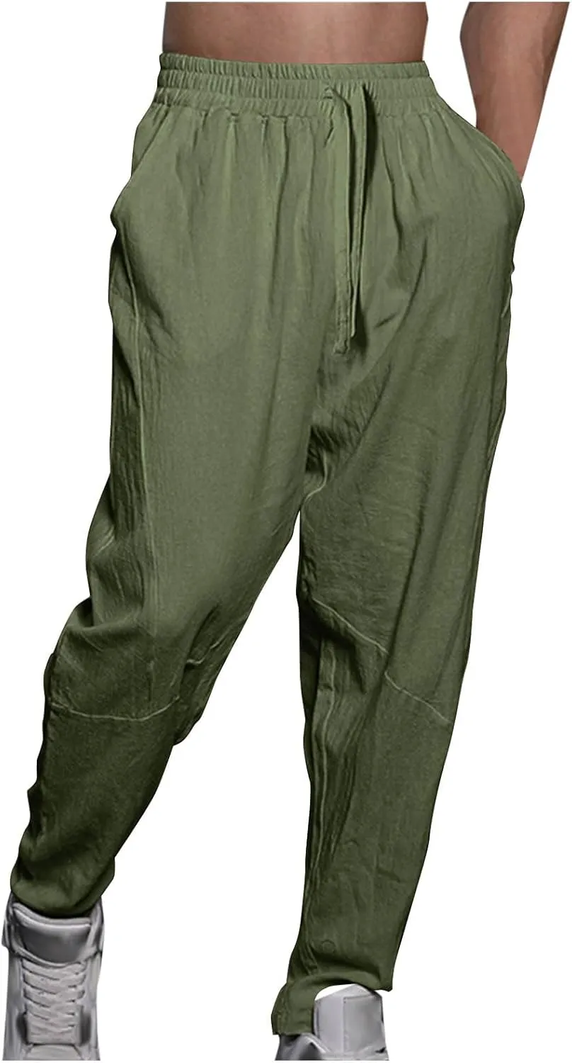 Mens Casual Pants Elastic Waist Drawstring Summer Basic Linen Trousers Casual Trendy Breathable Workout Outfits 2030