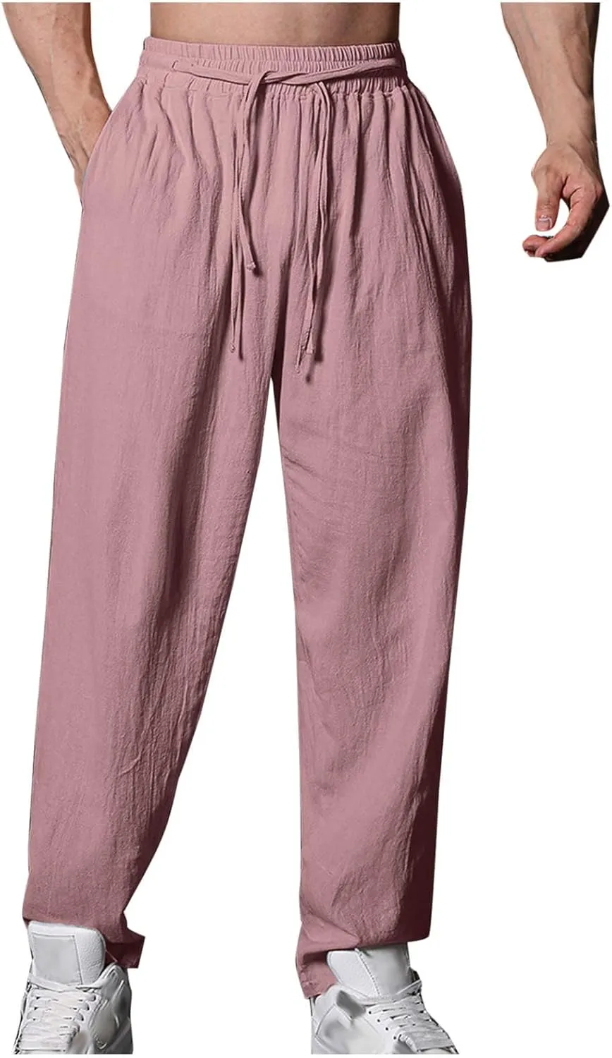Mens Casual Pants Regular Fit Drawstring Straight-Legs Basic Linen Trousers Trendy Breathable Summer Workout Clothes