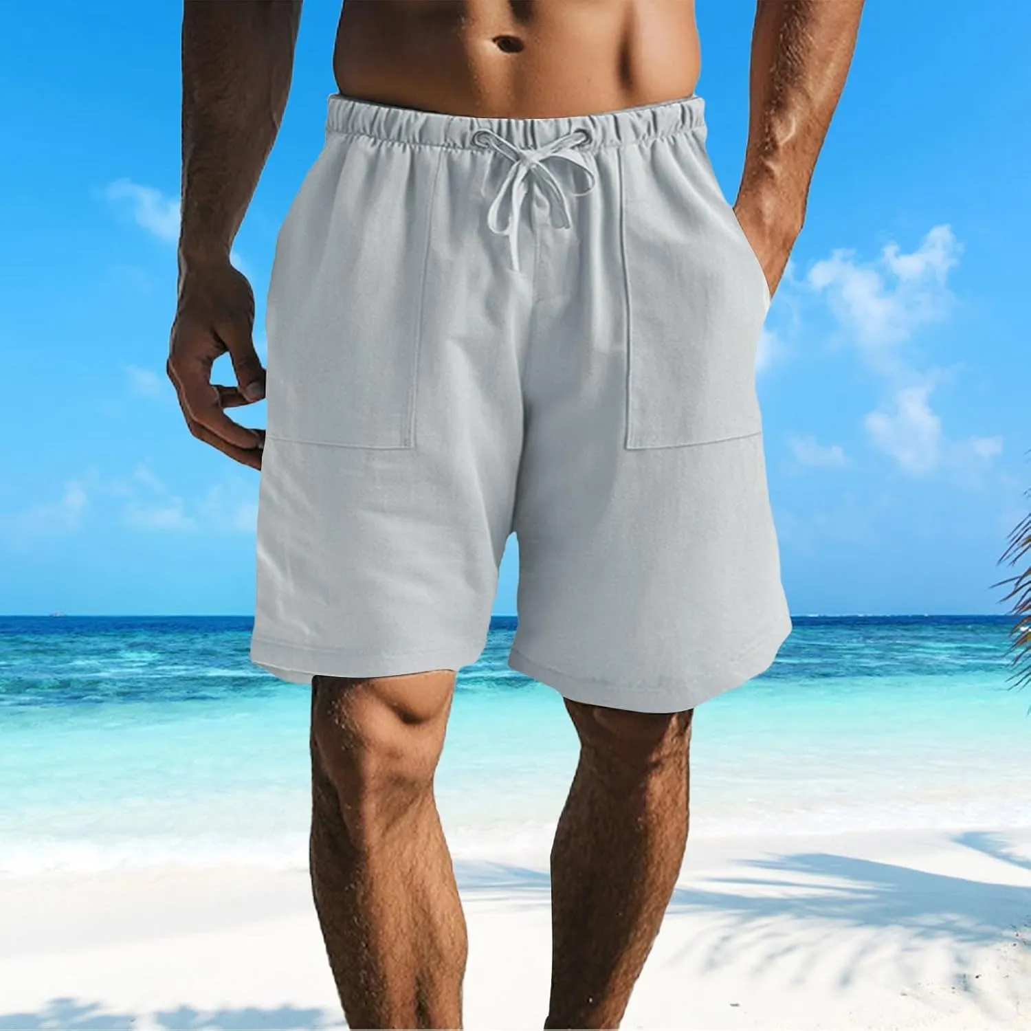 Mens Cotton Linen Shorts Casual Loose Fit Drawstring Elastic Waist 7Inch Inseam Shorts Stretch Summer Beach Wear