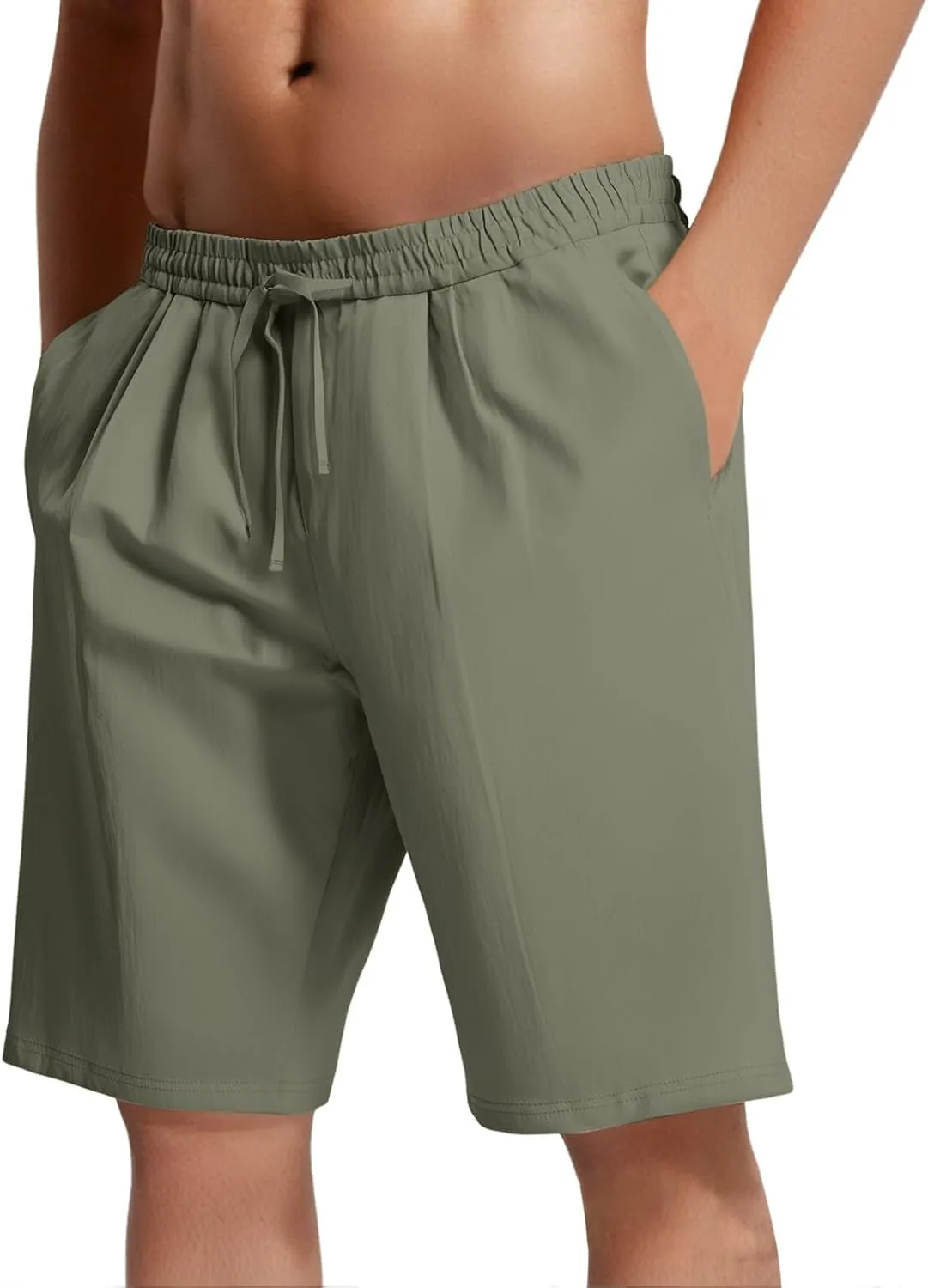 Mens Cotton Linen Shorts Casual Loose Fit Drawstring Elastic Waist 7Inch Inseam Shorts Stretch Summer Beach Wear