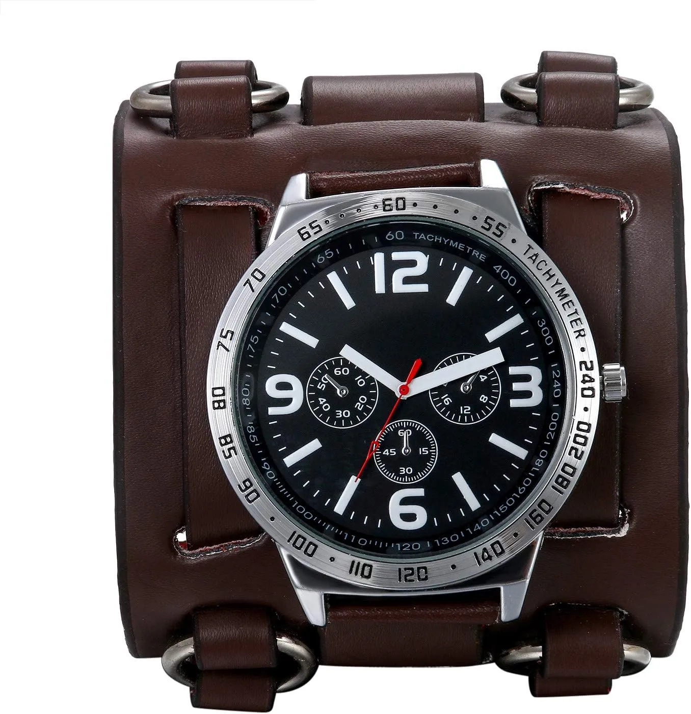 Mens Genuine Leather Hip-hop Gothic Punk Replaceable Watch Military Japan Quartz Wide Bracelet Cuff Large Black Dial Sport Wrist Watches