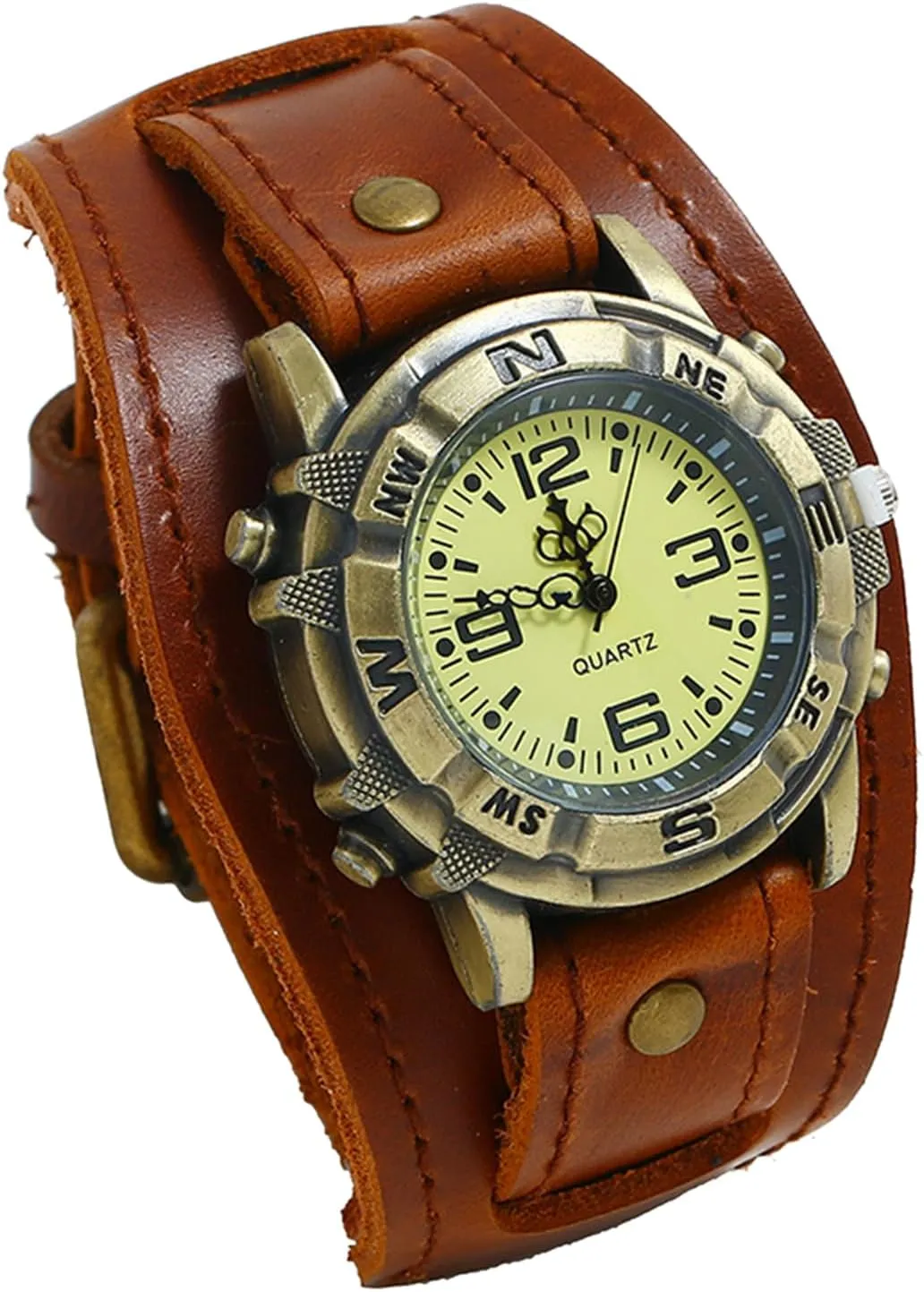 Mens Steampunk Retro Genuine Leather Replaceable Watch Military Japan Quartz Hip-hop Gothic Wide Bracelet Cuff Big Black Dial Sport Wrist Watches Costume Watch for Halloween