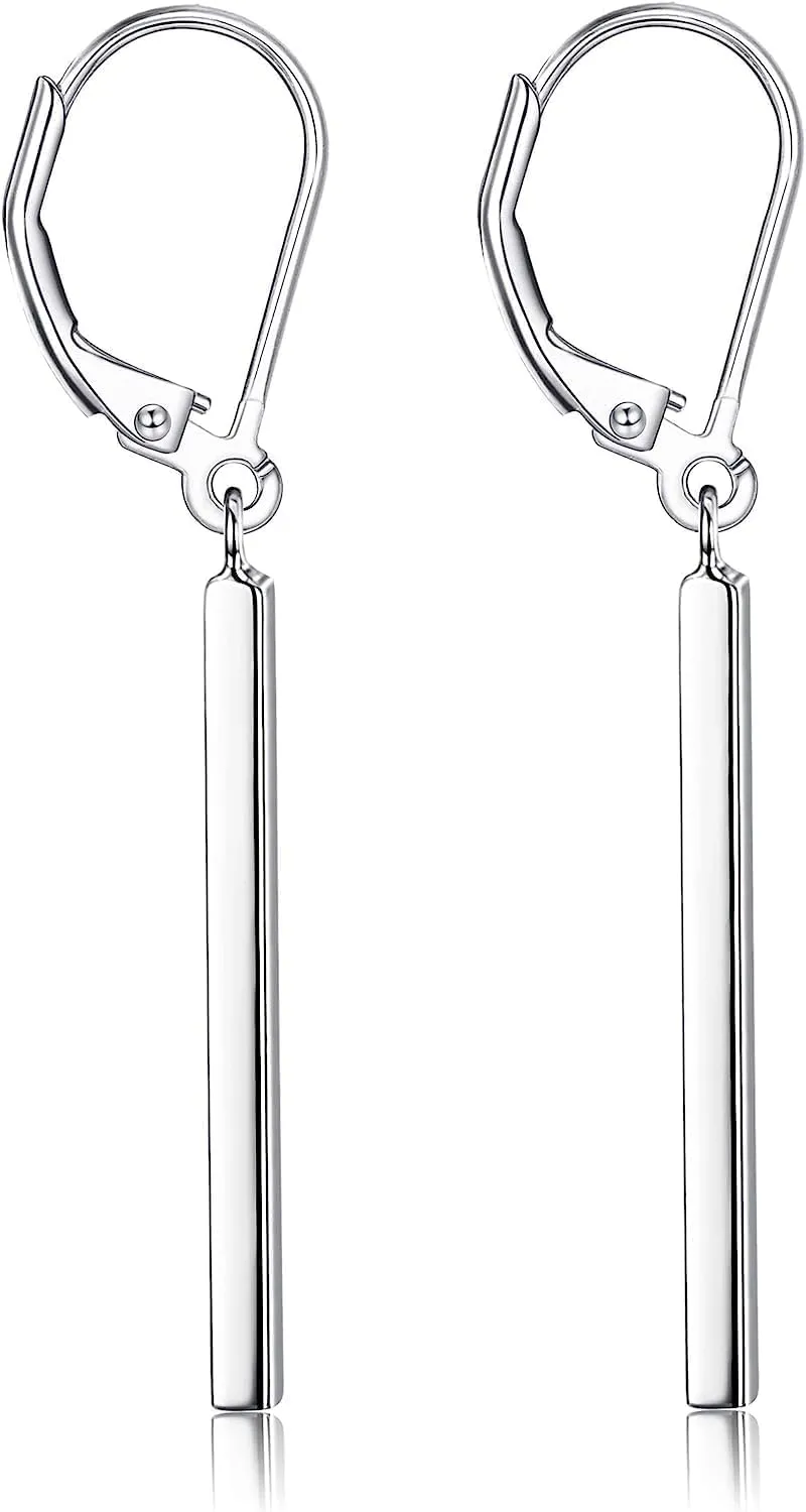 Milacolato S925 Sterling Silver Bar Dangle Earrings 18K White Gold Plated Women's Drop Dangle Earrings Hypoallergenic Leverback or Fish Hook Vertical Bar Drop Earrings for Women Teen Girls