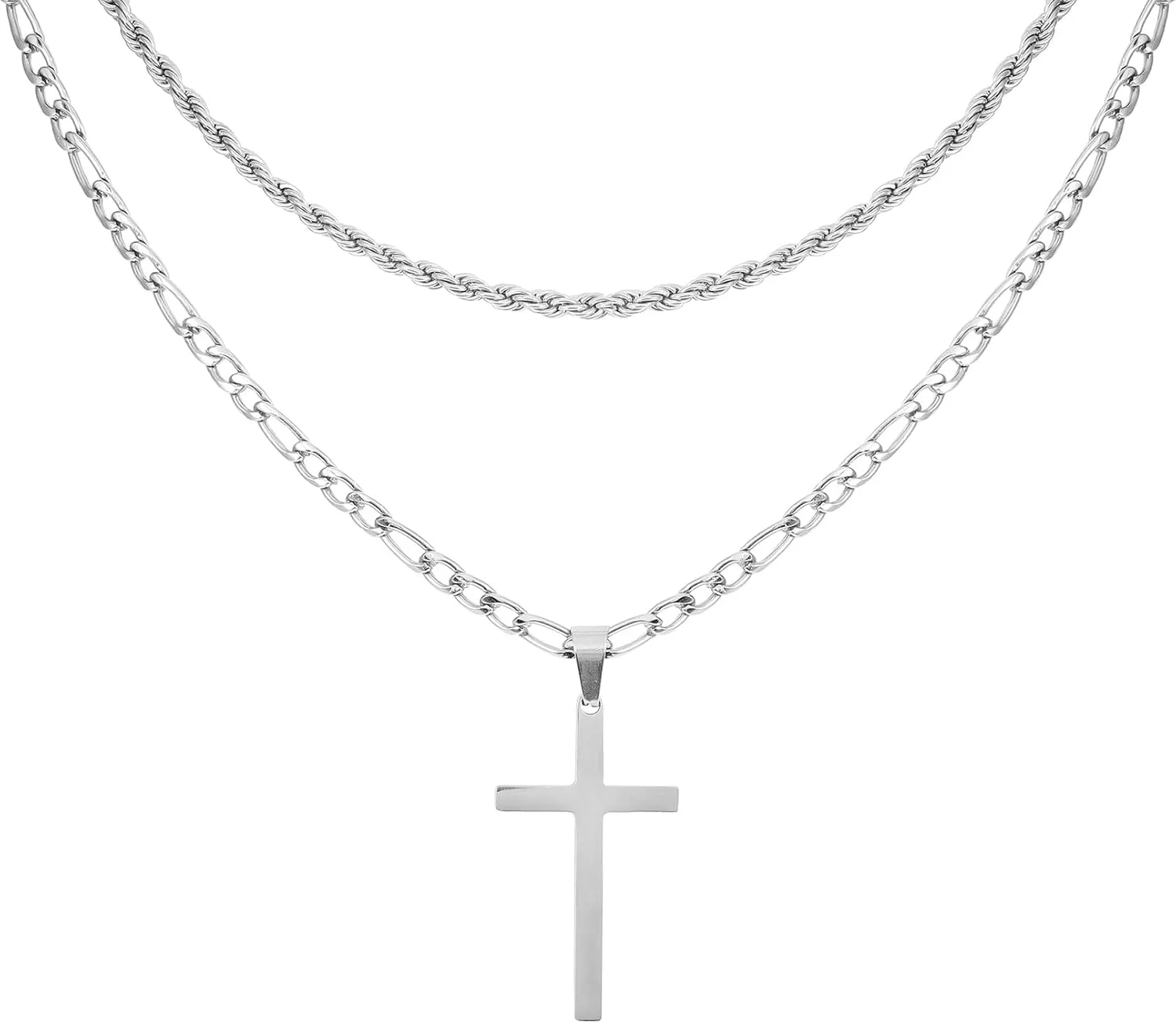 MILAKOO Stainless Steel Layered Cross Necklace Christian Gifts for Women Men Minimalism Cuba Figaro Chains Necklace