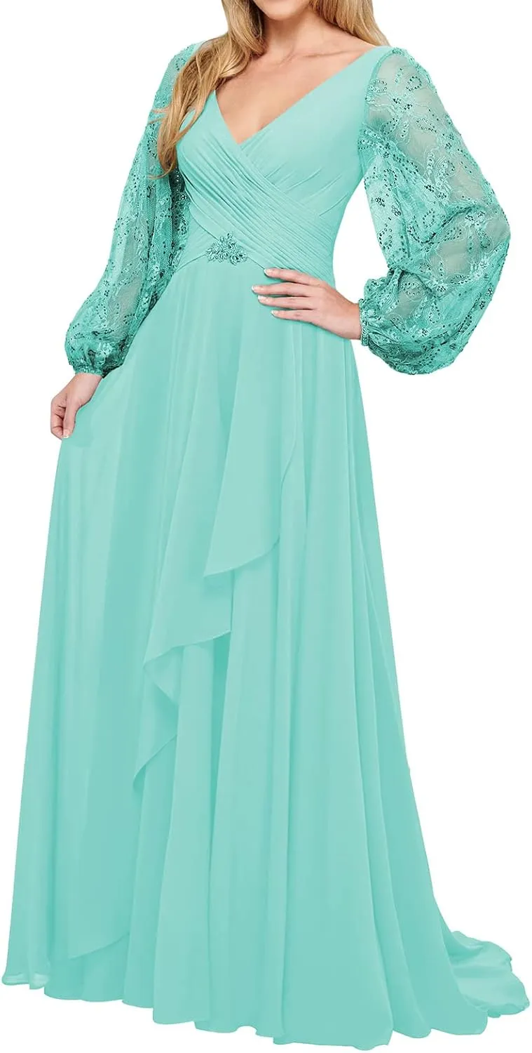 Mother of The Bride Dresses Chiffon Wedding Guest Dresses for Women Formal Evening Gowns Long Sleeve