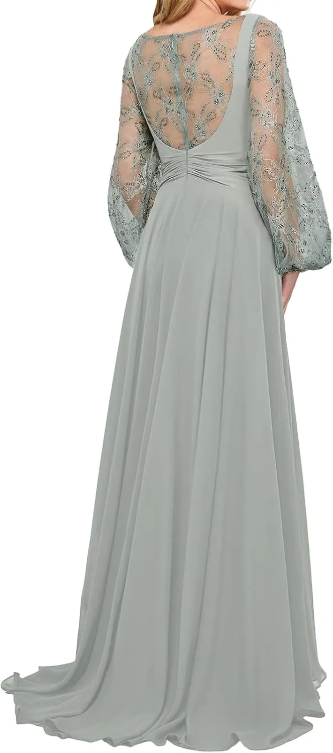 Mother of The Bride Dresses Chiffon Wedding Guest Dresses for Women Formal Evening Gowns Long Sleeve