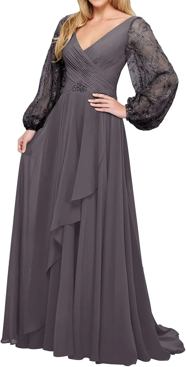 Mother of The Bride Dresses Chiffon Wedding Guest Dresses for Women Formal Evening Gowns Long Sleeve