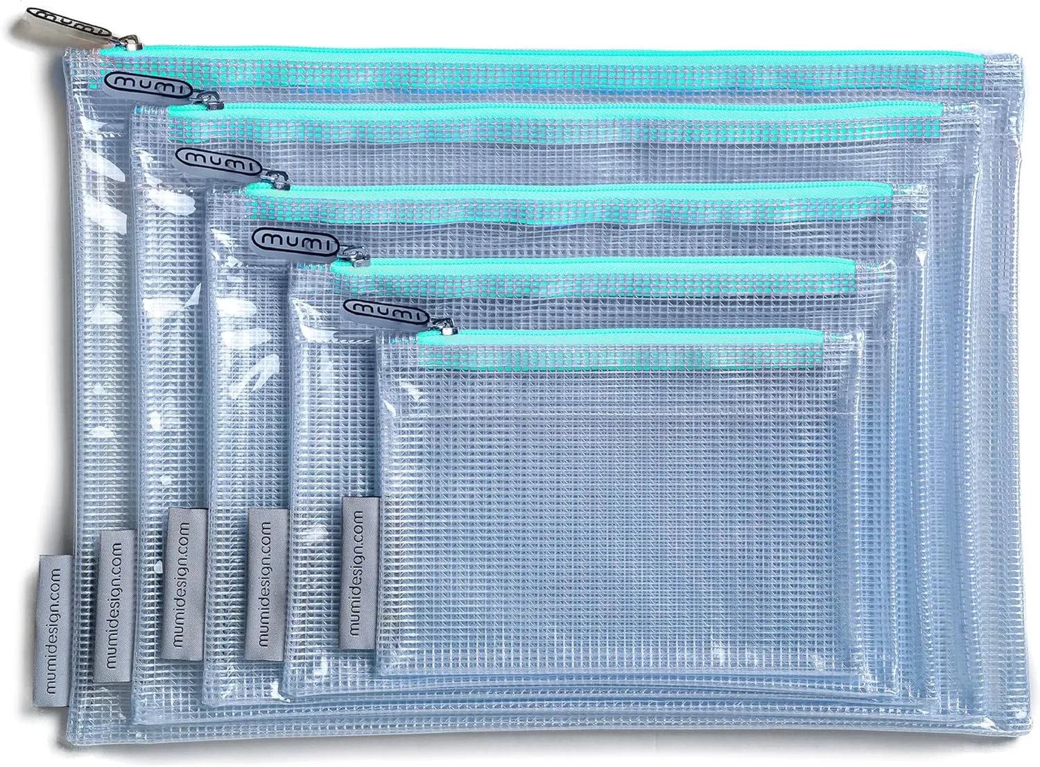 MUMI 5 Multi-Size Organizing Bags  Clear Zipper Pouches for Organizing, Storage & Travel with 10 Removable Labels  Reusable Waterproof Mesh Zipper Pouch Set, Plastic Zip Bags for Supplies (Aqua)
