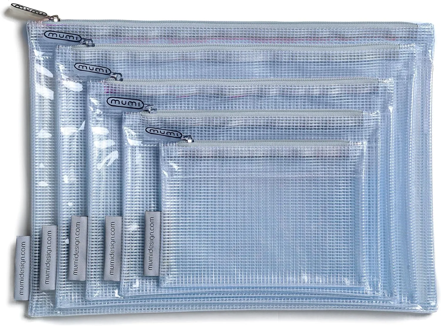 MUMI 5 Multi-Size Organizing Bags  Clear Zipper Pouches for Organizing, Storage & Travel with 10 Removable Labels  Reusable Waterproof Mesh Zipper Pouch Set, Plastic Zip Bags for Supplies (Grey)