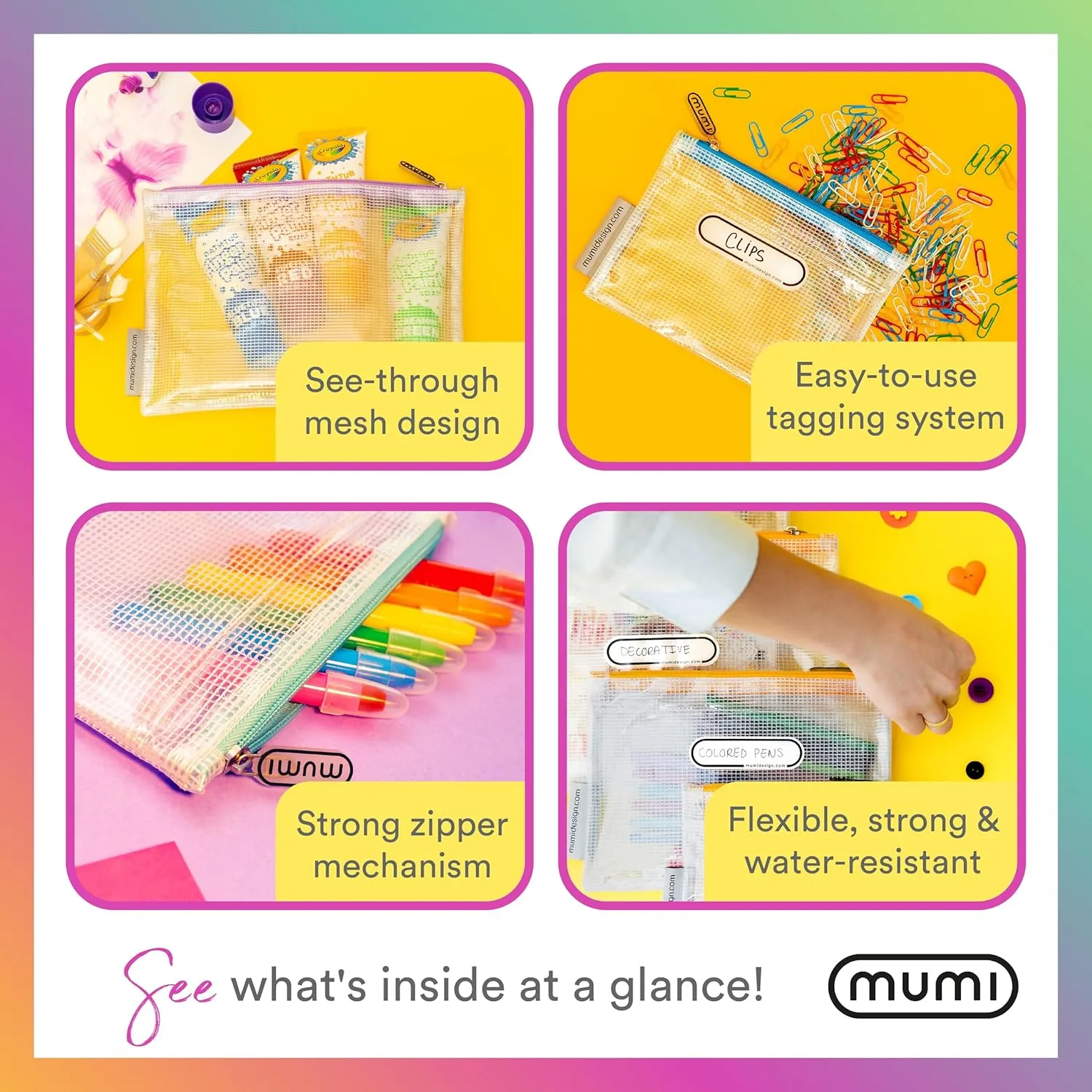 MUMI 5 Multi-Size Organizing Bags  Clear Zipper Pouches for Organizing, Storage & Travel with 10 Removable Labels  Reusable Waterproof Mesh Zipper Pouch Set, Plastic Zip Bags for Supplies (Pink)