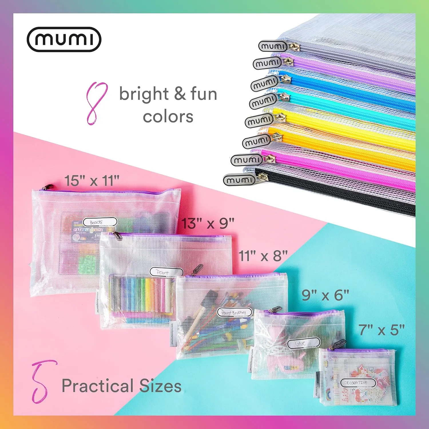 MUMI 5 Multi-Size Organizing Bags  Clear Zipper Pouches for Organizing, Storage & Travel with 10 Removable Labels  Reusable Waterproof Mesh Zipper Pouch Set, Plastic Zip Bags for Supplies (Pink)