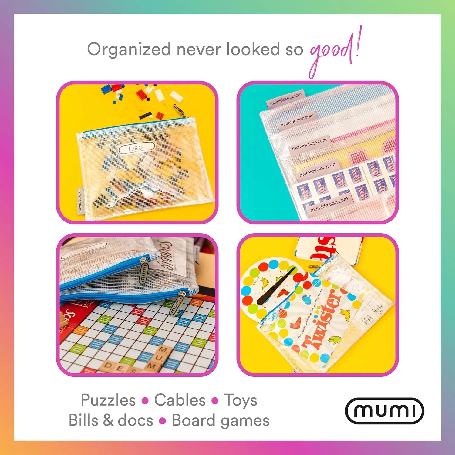 MUMI 5 Multi-Size Organizing Bags  Clear Zipper Pouches for Organizing, Storage & Travel with 10 Removable Labels  Reusable Waterproof Mesh Zipper Pouch Set, Plastic Zip Bags for Supplies (Pink)