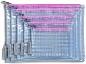 MUMI 5 Multi-Size Organizing Bags  Clear Zipper Pouches for Organizing, Storage & Travel with 10 Removable Labels  Reusable Waterproof Mesh Zipper Pouch Set, Plastic Zip Bags for Supplies (Pink)