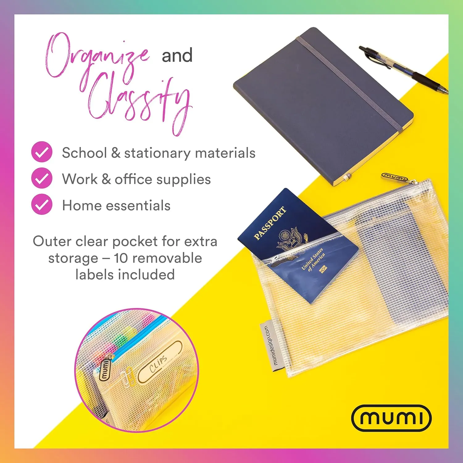 MUMI 5 Multi-Size Organizing Bags  Clear Zipper Pouches for Organizing, Storage & Travel with 10 Removable Labels  Reusable Waterproof Mesh Zipper Pouch Set, Plastic Zip Bags for Supplies (Pink)