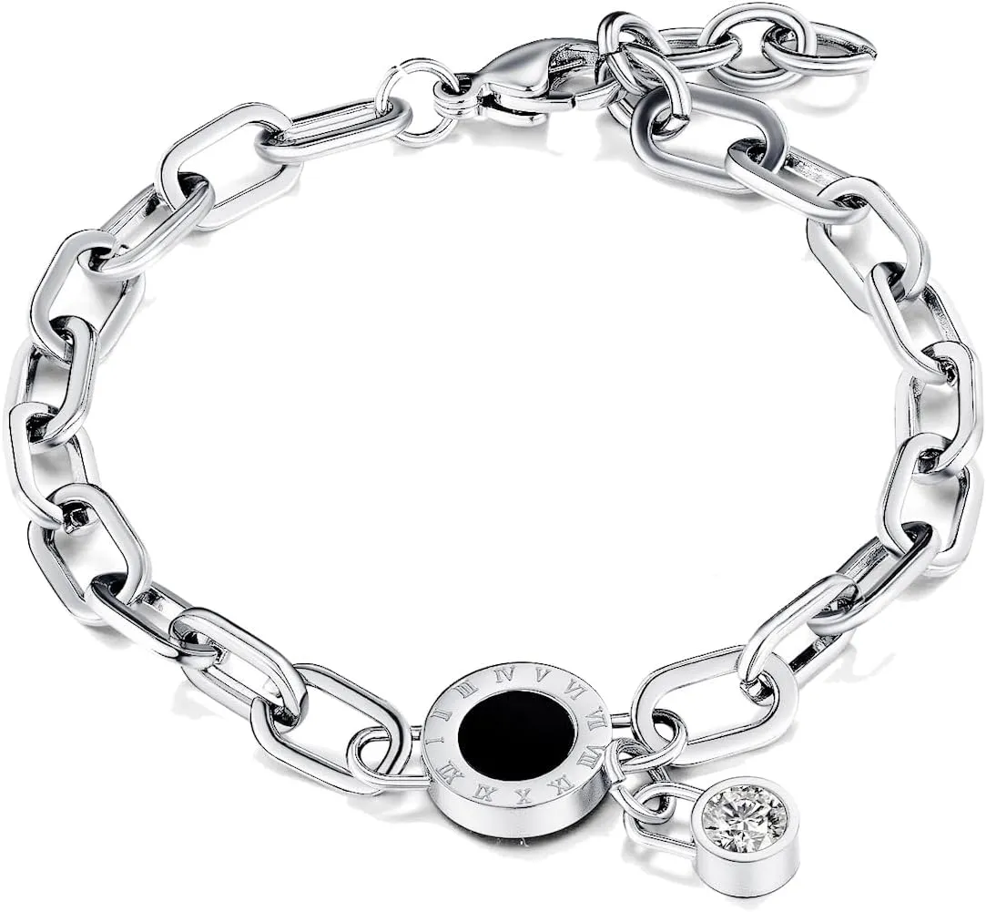 MYANAIL 14K Gold-Plated Stainless Steel Bracelet for Women Round Roman Digital Bracelet Zircon Pendant Bangle Chunky Link Chain Paperclip Bracelet Jewelry