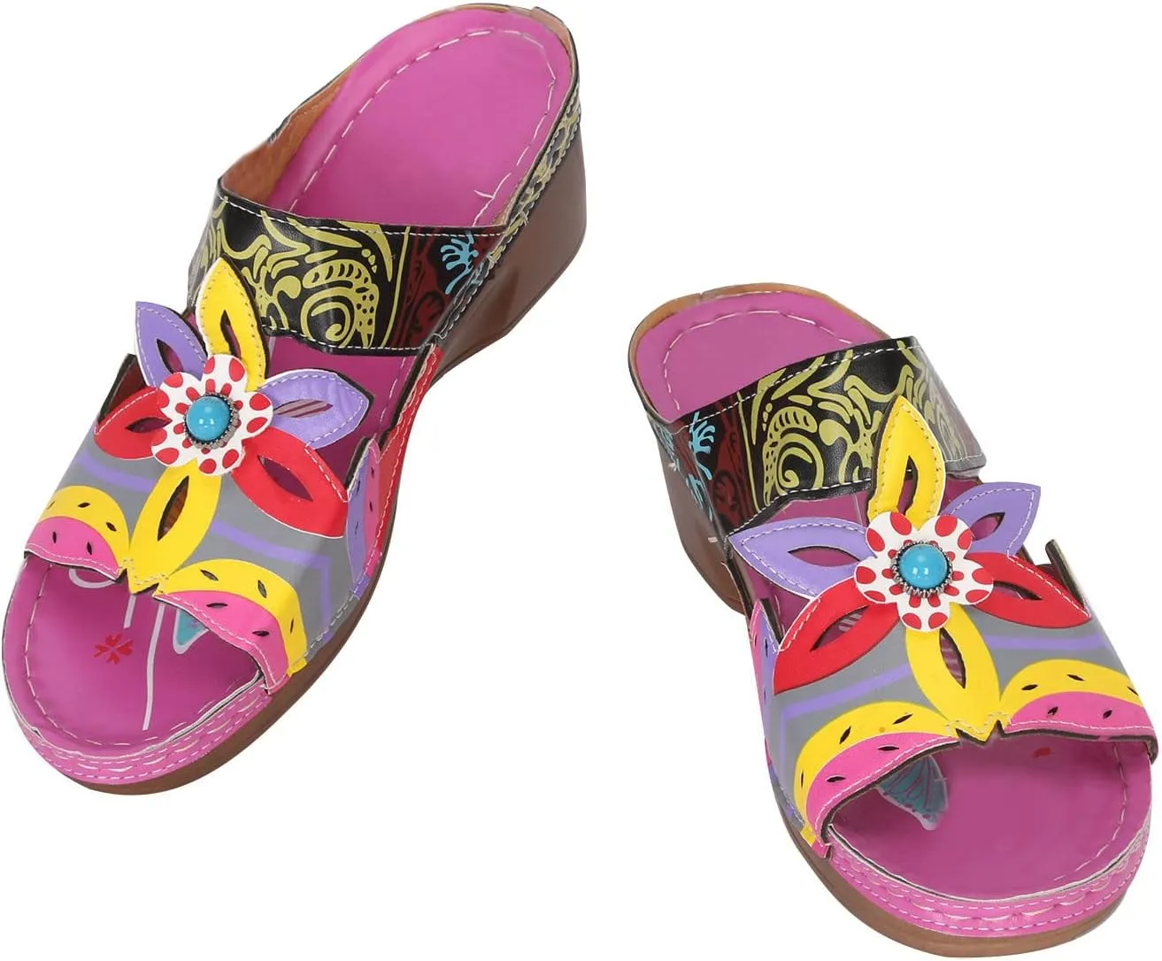 oiangi Womens Sandals 2023 Summer Wedge Orthopedic Sandals with Arch Support Comfy Slip on Flower Hollow Peep Toe Platform Slippers Boho Beach Shoes